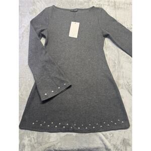 Zara Knit Sweater Dress Womens Medium Gray Studded Long Sleeve Tunic Minimalist